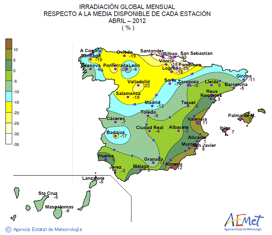 Distribución de la irradiación media global en España (abril 2012)