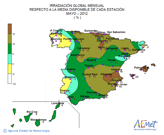 Distribución de la irradiación media global en España (mayo 2012)