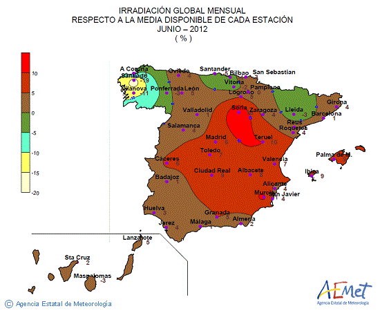 Distribución de la irradiación media global en España (mayo 2012)