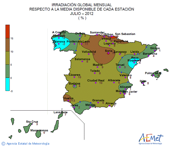 Distribución de la irradiación media global en España (julio 2012)