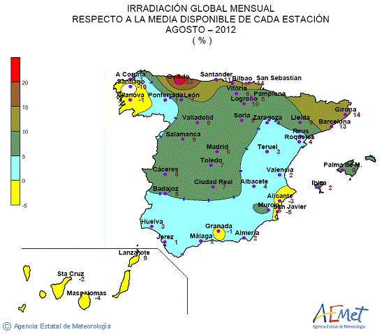 Distribución de la irradiación media global en España (agosto 2012)
