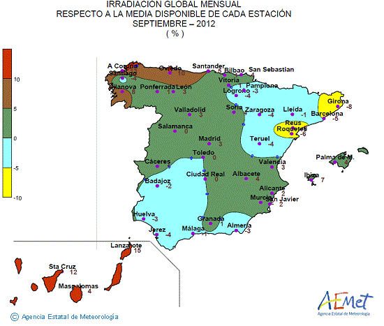 Distribución de la irradiación media global en España (septiembre 2012)