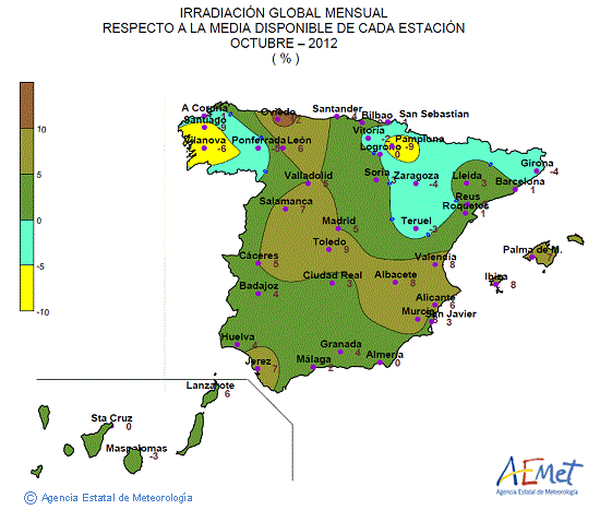 Distribución de la irradiación media global en España (octubre 2012)