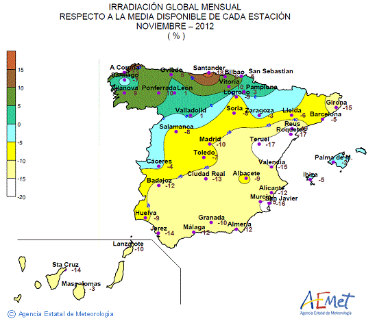 Distribución de la irradiación media global en España (noviembre 2012)