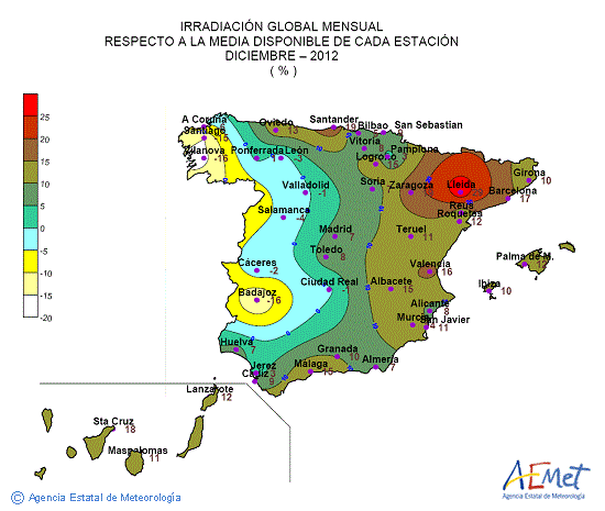 Distribución de la irradiación media global en España (diciembre 2012)