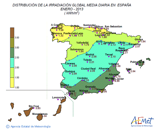 Distribución de la irradiación media global en España (enero 2013)