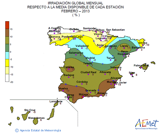 Distribución de la irradiación media global en España (febrero 2013)