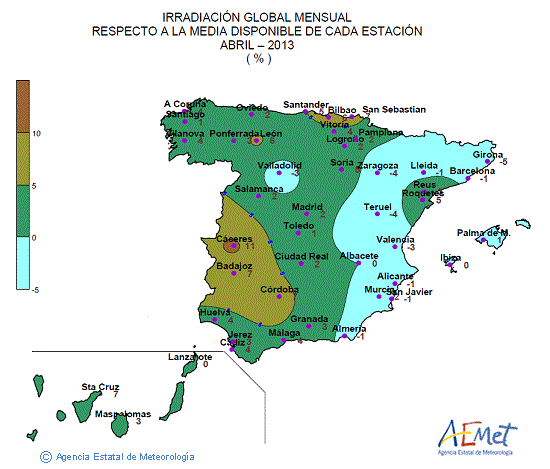 Distribución de la irradiación media global en España (abril 2013)