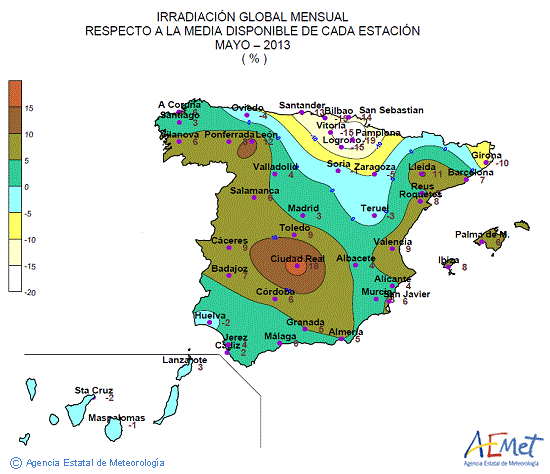 Distribución de la irradiación media global en España (mayo 2013)