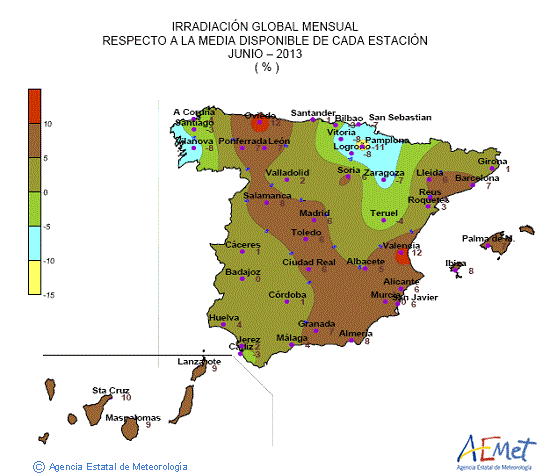 Distribución de la irradiación media global en España (junio 2013)