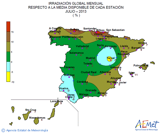 Distribución de la irradiación media global en España (julio 2013)