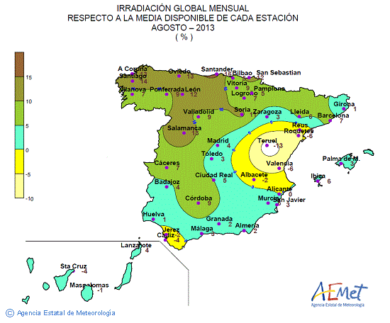 Distribución de la irradiación media global en España (agosto 2013)