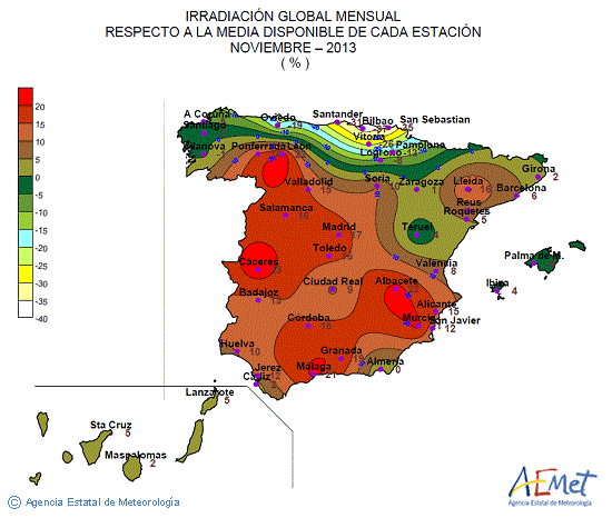 Distribución de la irradiación media global en España (noviembre 2013)