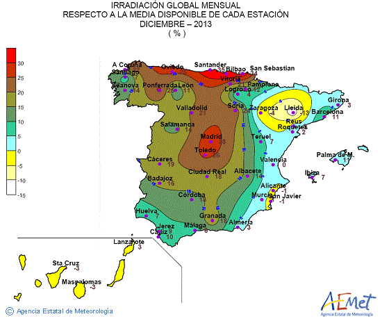Distribución de la irradiación media global en España (diciembre 2013)