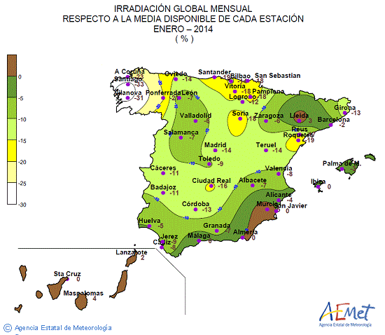 Distribución de la irradiación media global en España (enero 2014)