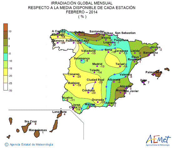 Distribución de la irradiación media global en España (febrero 2014)
