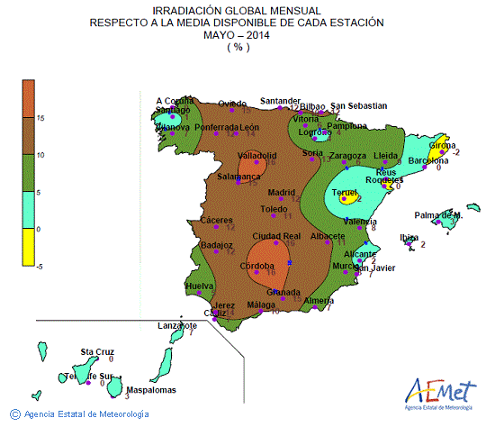 Distribución de la irradiación media global en España (mayo 2014)