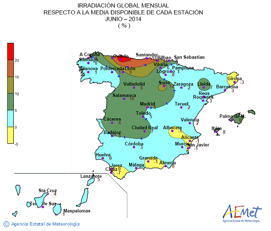 Distribución de la irradiación media global en España (junio 2014)