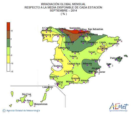 Distribución de la irradiación media global en España (septiembre 2014)