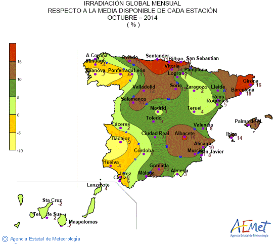 Distribución de la irradiación media global en España (octubre 2014)