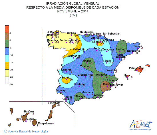Distribución de la irradiación media global en España (noviembre 2014)