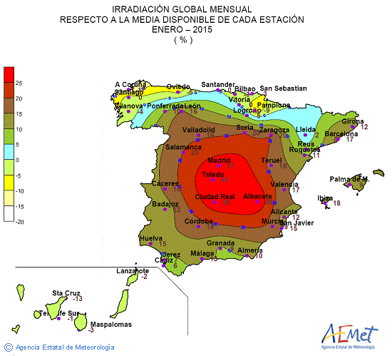 Distribución de la irradiación media global en España (enero 2015)