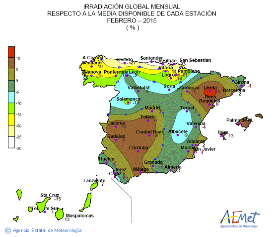 Distribución de la irradiación media global en España (febrero 2015)