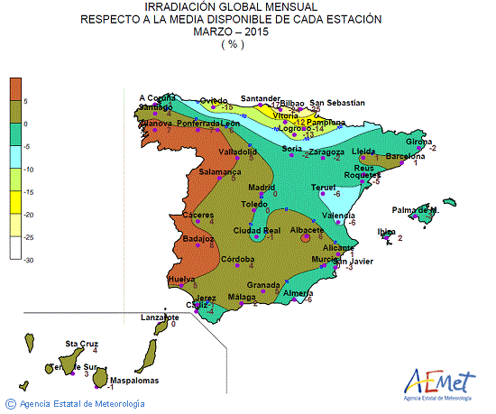 Distribución de la irradiación media global en España (marzo 2015)
