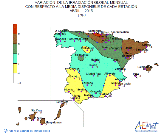 Distribución de la irradiación media global en España (abril 2015)