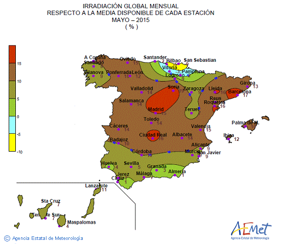 Distribución de la irradiación media global en España (mayo 2015)