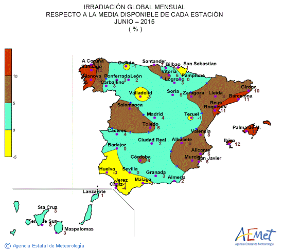 Distribución de la irradiación media global en España (junio 2015)