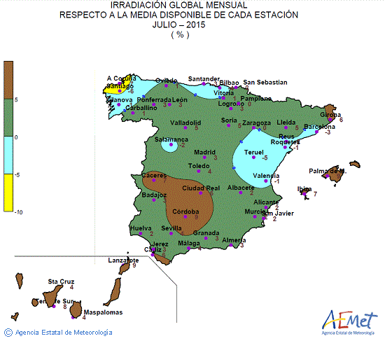 Distribución de la irradiación media global en España (julio 2015)