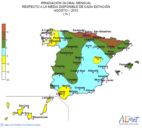 Distribución de la irradiación media global en España (agosto 2015)