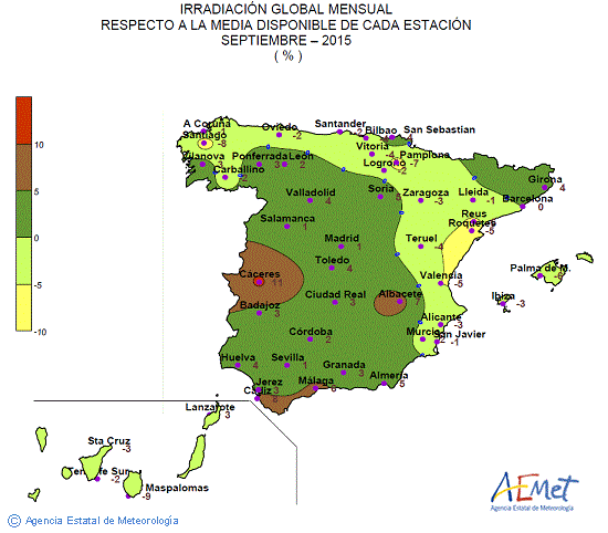 Distribución de la irradiación media global en España (septiembre 2015)