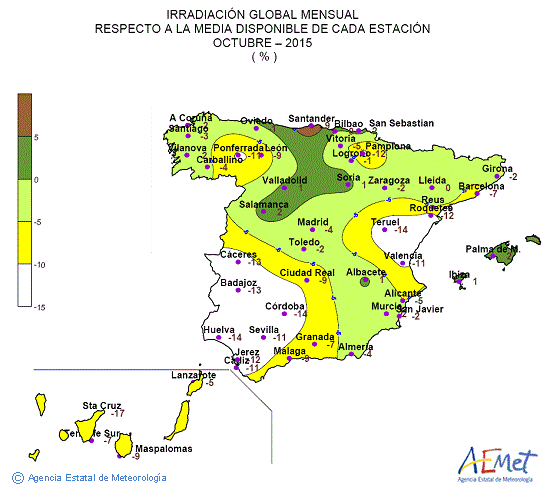 Distribución de la irradiación media global en España (octubre 2015)