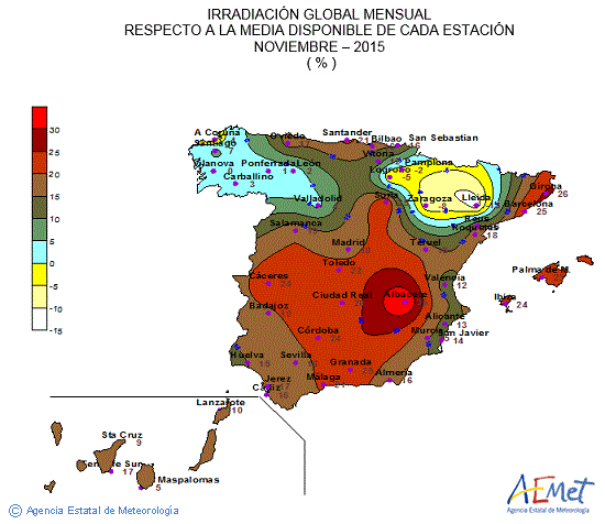 Distribución de la irradiación media global en España (noviembre 2015)