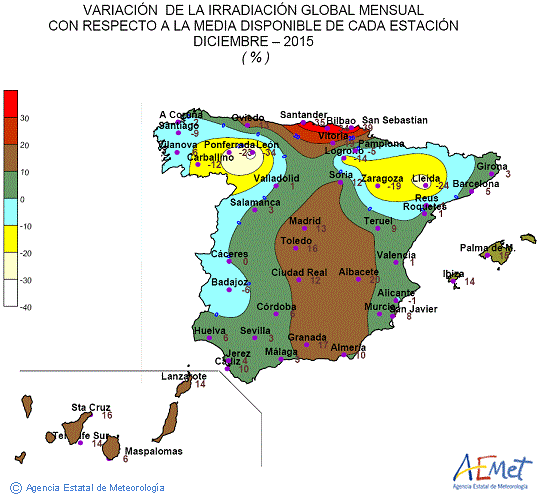 Distribución de la irradiación media global en España (diciembre 2015)