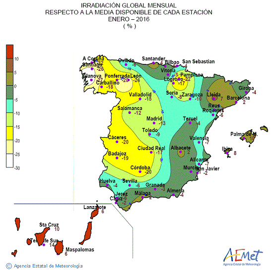 Distribución de la irradiación media global en España (enero 2016)