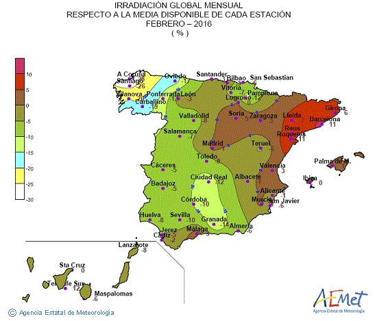 Distribución de la irradiación media global en España (febrero 2016)