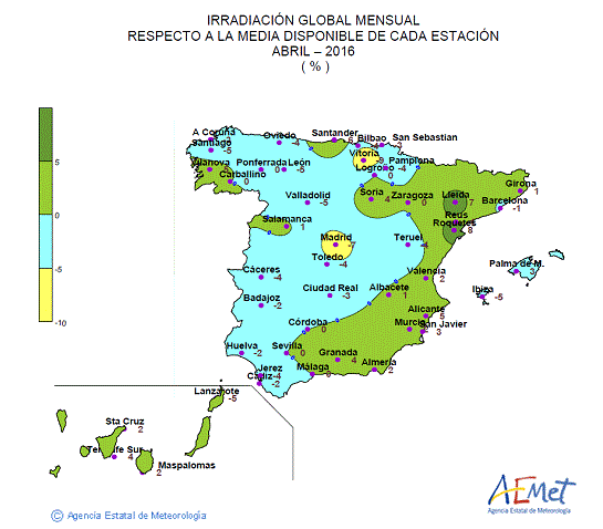 Distribución de la irradiación media global en España (abril 2016)