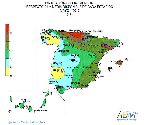 Distribución de la irradiación media global en España (mayo 2016)