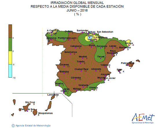 Distribución de la irradiación media global en España (junio 2016)