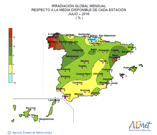 Distribución de la irradiación media global en España (julio 2016)