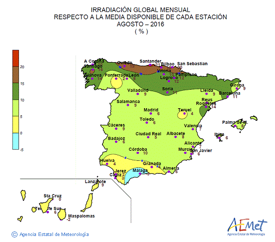 Distribución de la irradiación media global en España (agosto 2016)