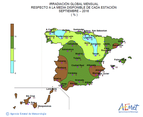 Distribución de la irradiación media global en España (septiembre 2016)