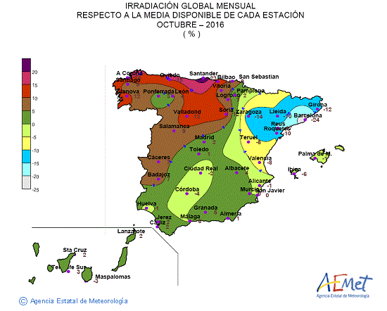 Distribución de la irradiación media global en España (octubre 2016)