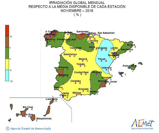 Distribución de la irradiación media global en España (noviembre 2016)