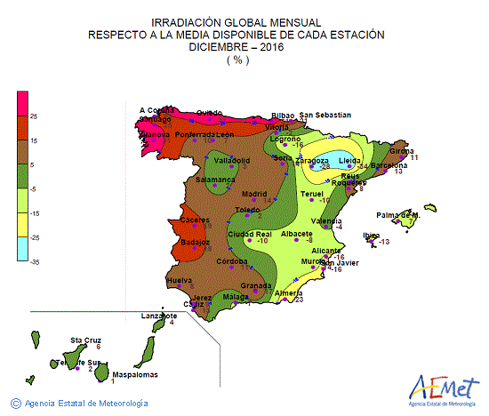Distribución de la irradiación media global en España (diciembre 2016)