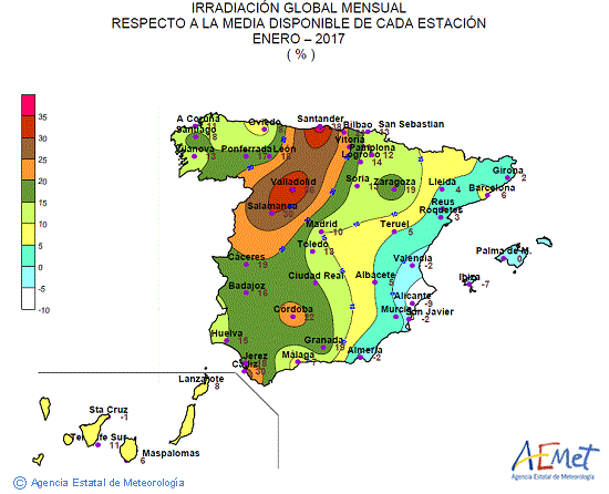 Distribución de la irradiación media global en España (enero 2017)