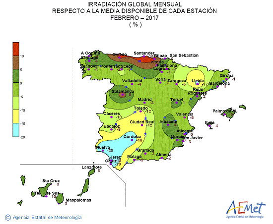 Distribución de la irradiación media global en España (febrero 2017)